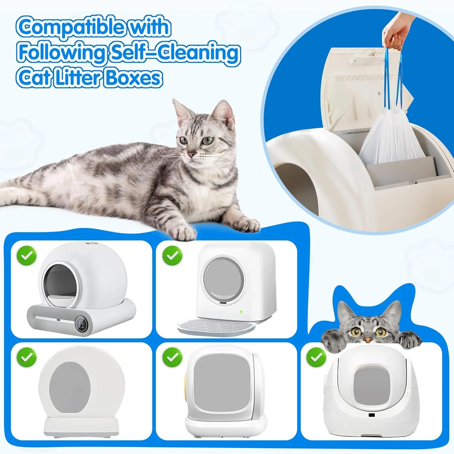 120 Count Self Cleaning Cat Litter Box Liners Bag Fit For MeoWant MW-SC01,MW-SC02, Drawstring Heavy Duty Litter Receptacles Bags Compatible with Automatic Cat Litter Box- 19.7" x 17.7"