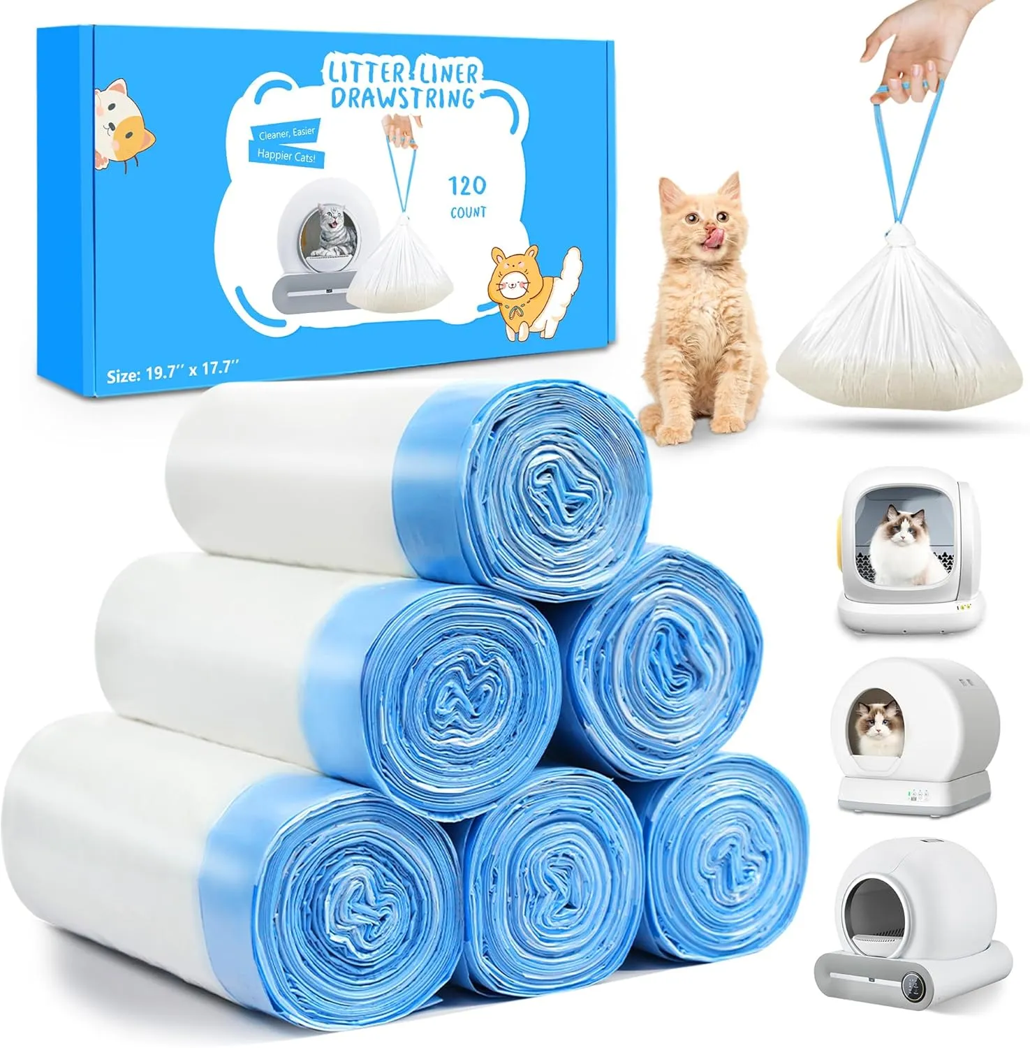 120 Count Self Cleaning Cat Litter Box Liners Bag Fit For MeoWant MW-SC01,MW-SC02, Drawstring Heavy Duty Litter Receptacles Bags Compatible with Automatic Cat Litter Box- 19.7" x 17.7"