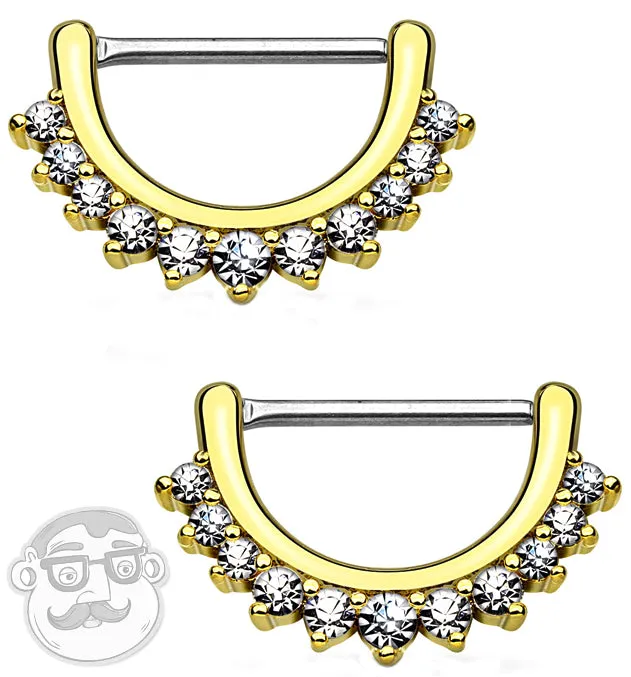 14G Gold Plated Cubic Zirconia Rim Brass Nipple Clicker Ring