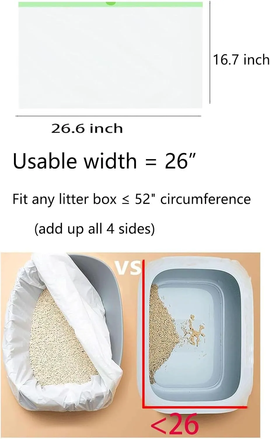 20 Count Cat Drawstring Litter Box Liners 26.6x16.7 inches 2Mils Super Thickfor Self-Cleaning Litter Box Cat Litter Pan Trays (Green Drawstring 20 count)