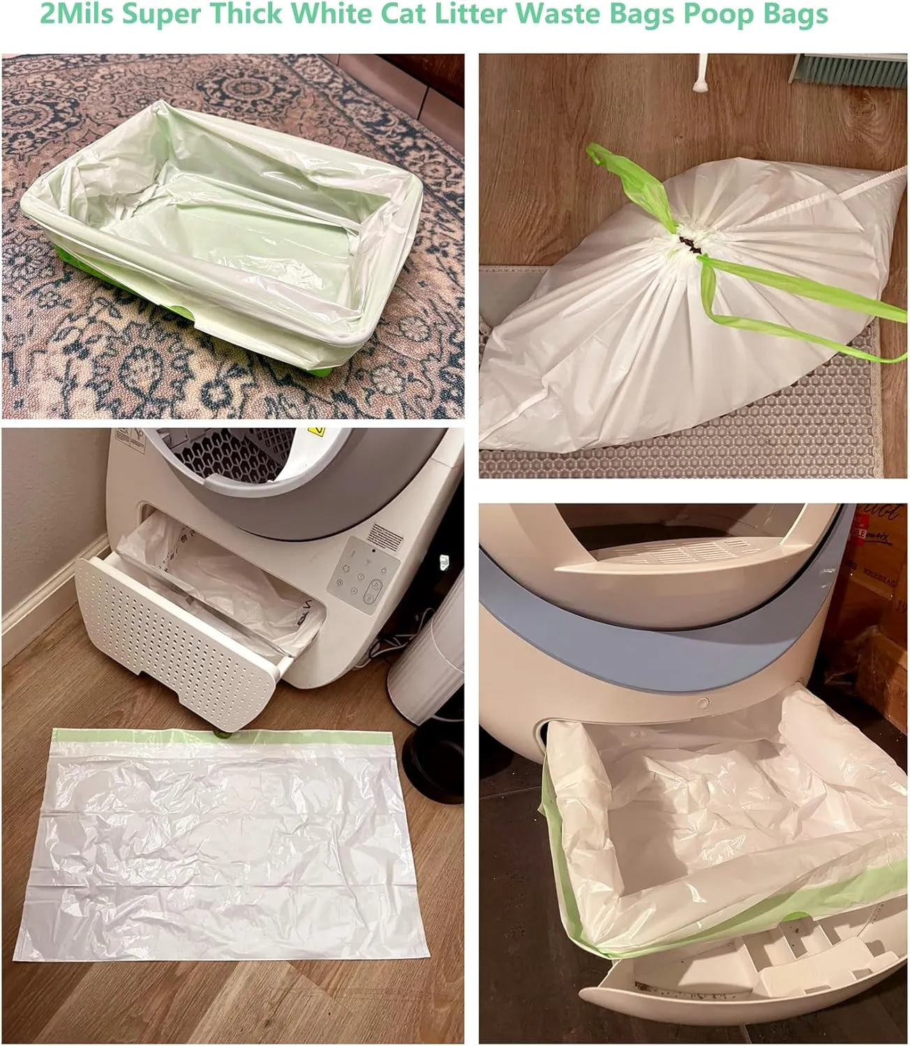 20 Count Cat Drawstring Litter Box Liners 26.6x16.7 inches 2Mils Super Thickfor Self-Cleaning Litter Box Cat Litter Pan Trays (Green Drawstring 20 count)