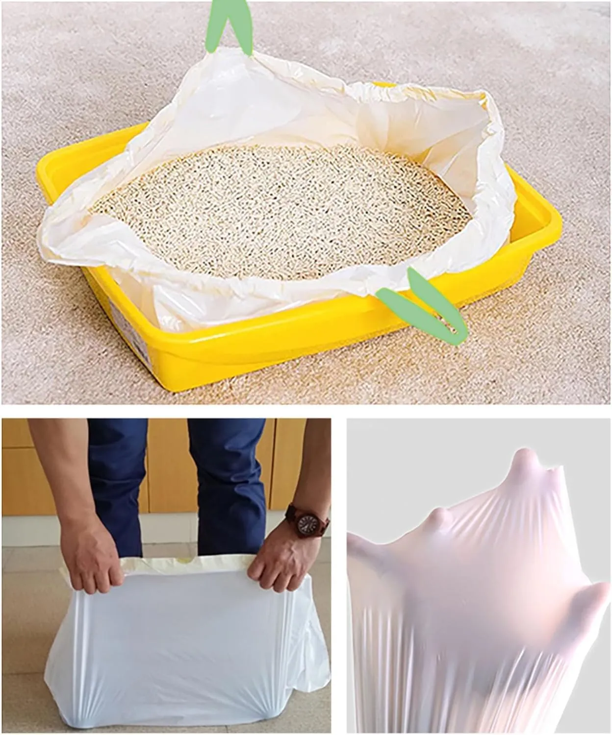 20 Count Cat Drawstring Litter Box Liners 26.6x16.7 inches 2Mils Super Thickfor Self-Cleaning Litter Box Cat Litter Pan Trays (Green Drawstring 20 count)