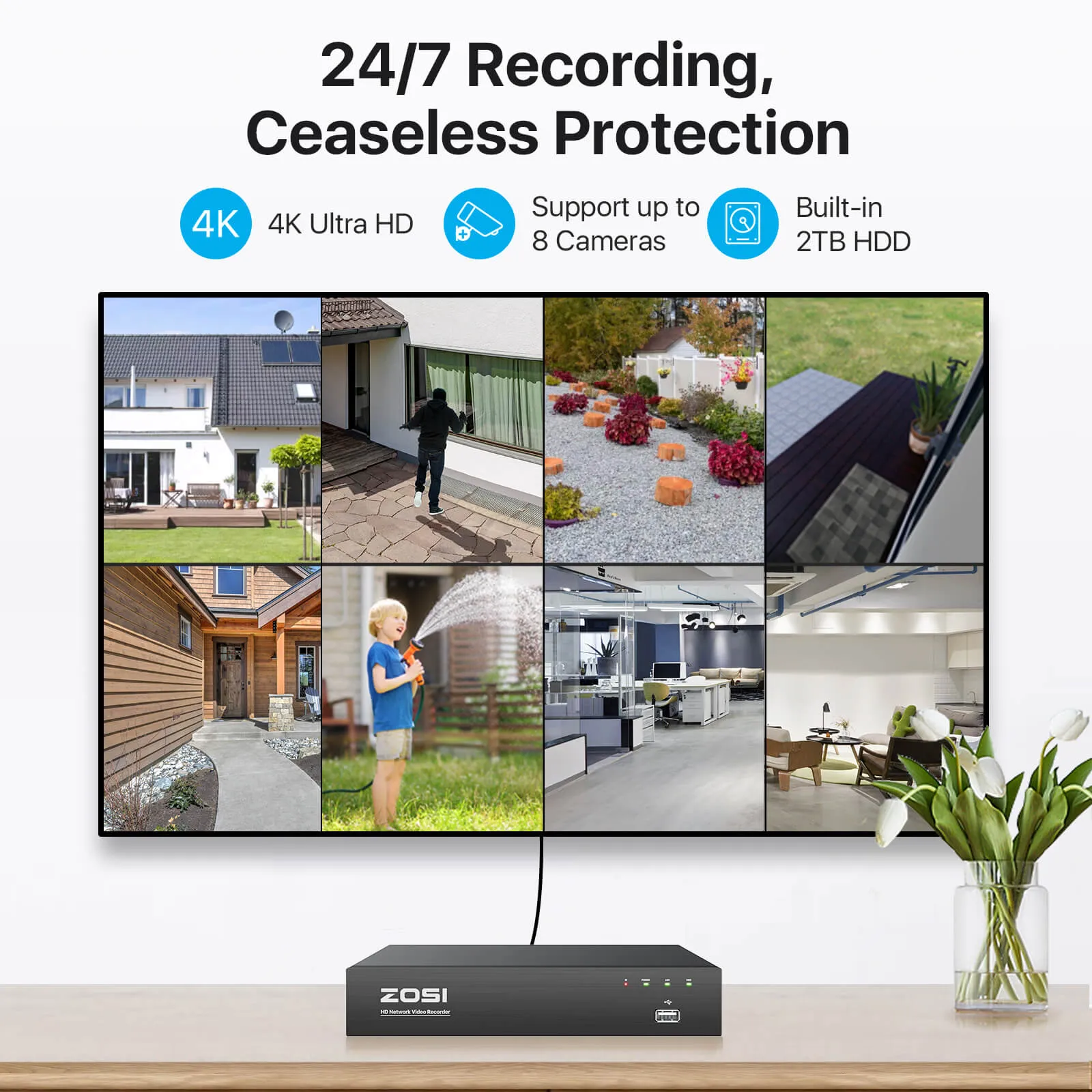4K 8 Channel Network Video Recorder PoE NVR    2TB Hard Drive (ZR08HN)