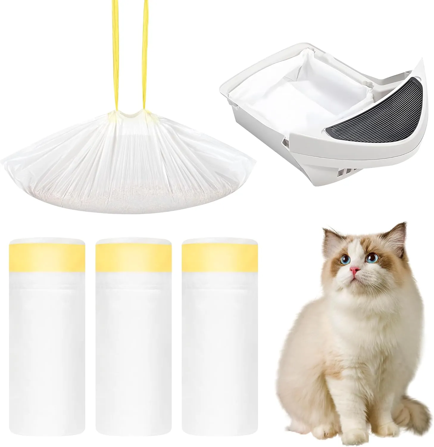 60 Count Cat Litter Box Liners for Litter Robot 4 and 3, 26.5" X 16.7" Drawstring Bags for Self-Cleaning Box, Thick and Heavy Duty Waste Bags