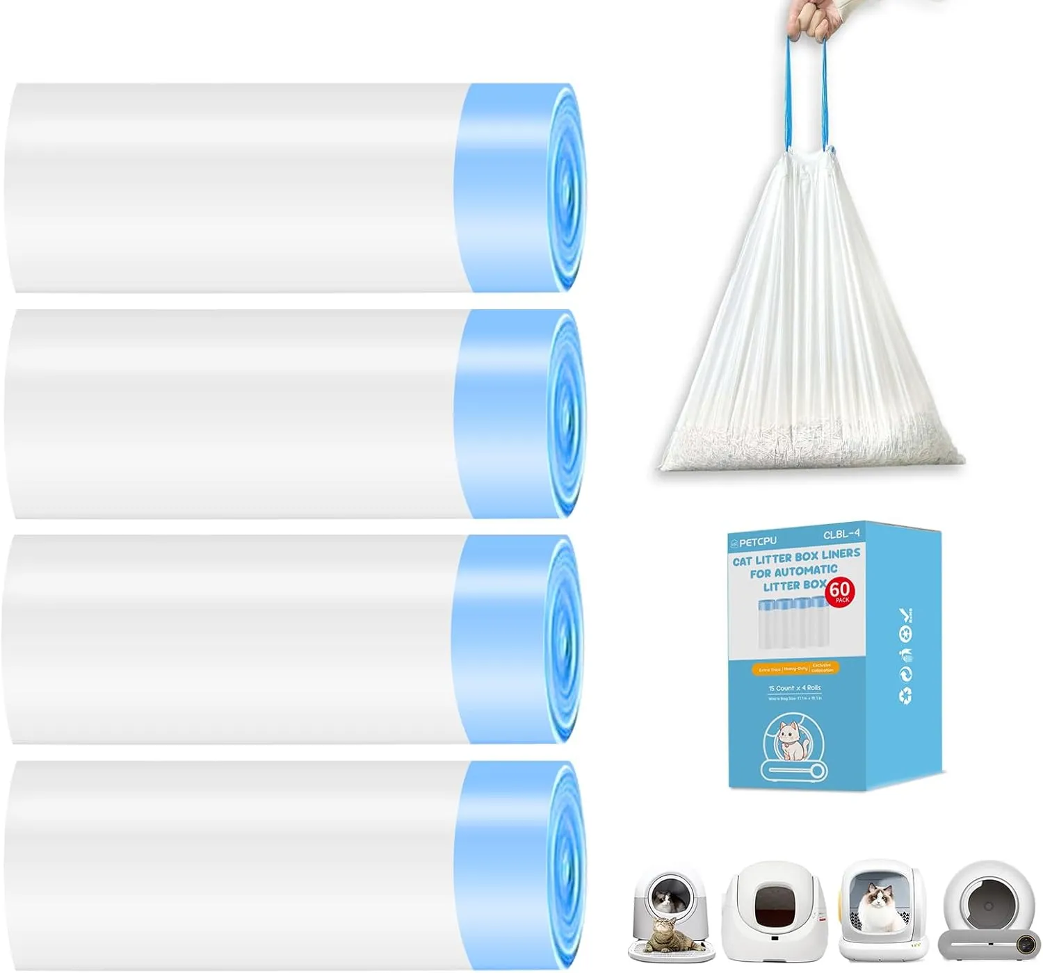 60 Count Cat Litter Box Liners for Self-Cleaning Cat Litter Box, Replaced Kitty Litter Liners, 19.7 x 17.7 Inch Drawstring Trash Bags for Automatic Robot (4 Packs/60 Counts) - Leak Proof & Heavy Duty