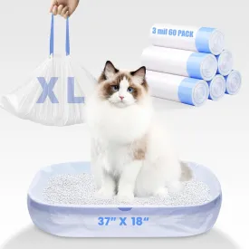 60 Pack Jumbo Cat Litter Bags - 3MIL Extra Thick Leakproof Litter Box Liners, 37"x18" Heavy Duty Drawstring Cat Litter Liners for Automatic Litter Box, Odor Control Disposable Kitty Litter Bags 6 Roll