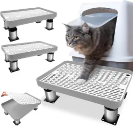 Adjustable Cat Litter Box Ramp with Filter Function,Stable Cat Elevated Step Double Layered Self-Cleaning Trapper Litter Robot Ramp Box with Detachable Leg (14.6x10x2,Grey)