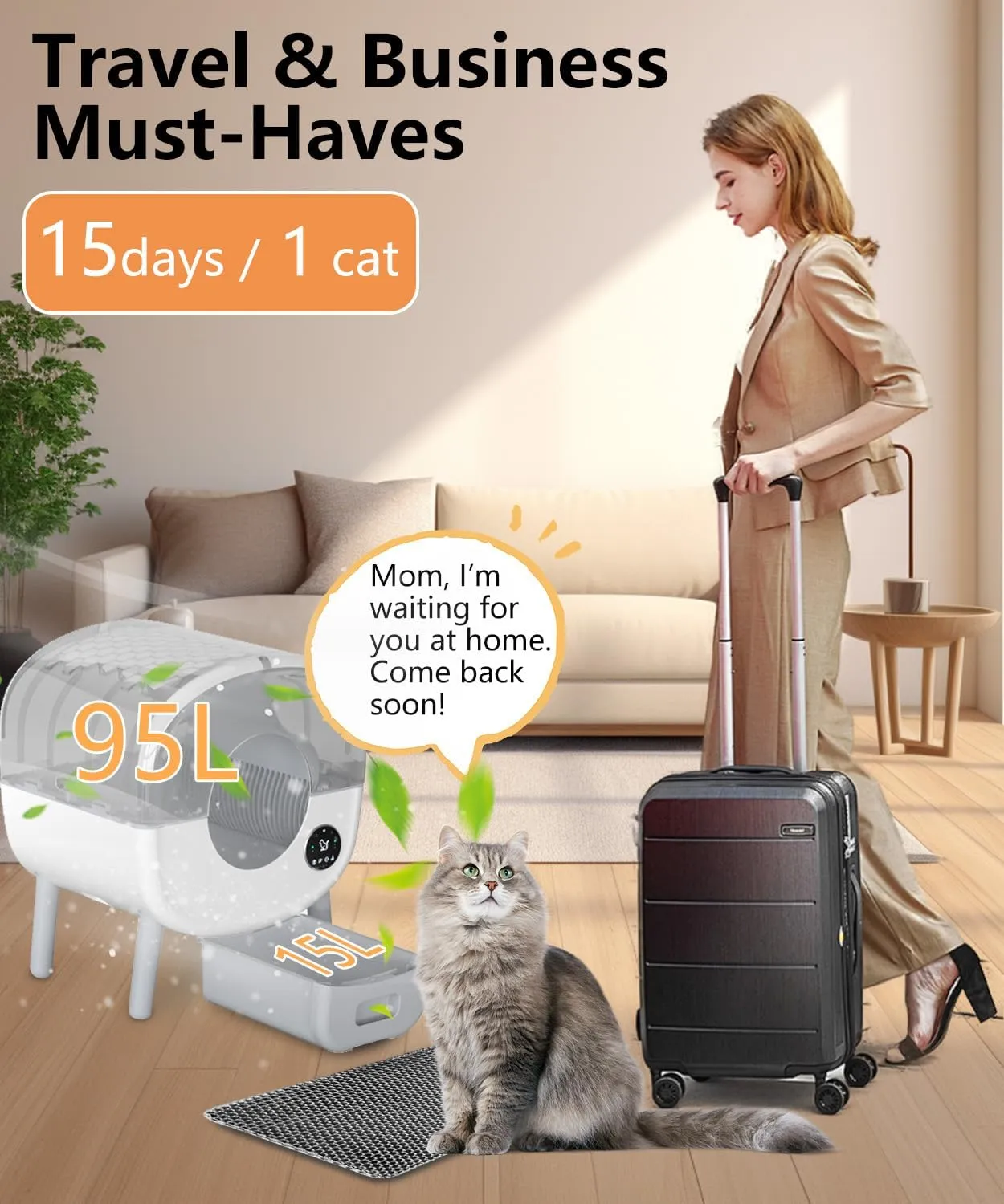 Automatic Litter Box-Robot for Multiple Cats, 110L Self-Cleaning Cat Litter Box, Large Electric Kitty Box-APP Control, Odor-Free, Liner & Litter Mat & Aromatherapy Box