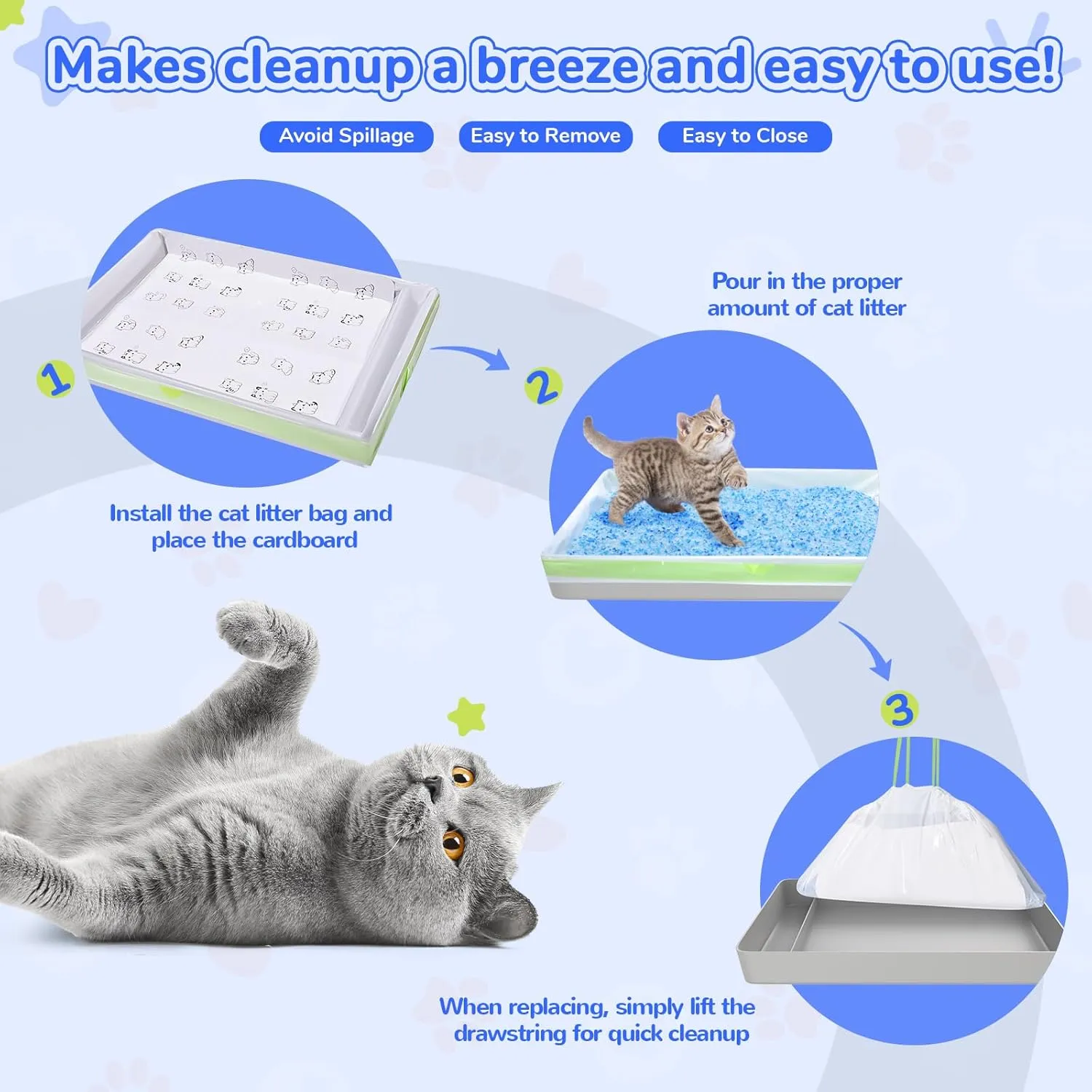 Cat Litter Liners with Anti-scratch Cardboard for Pet Scoop Free Self-Cleaning Litter Box, Kitten Waste Bag Compatible with Reusable/Disposable Refill Tray, Large Drawstring Kitty Poop Bags 20 Count