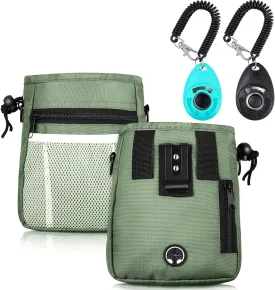 Dog Clicker Training Kit, 1 Dog Treat Training Pouch and 2 Pieces Pet Training Clicker with Wrist Strap, Built in Poop Bag Dispenser Easily Carrying Pet Toys Treats (Army Green,Solid Pattern)