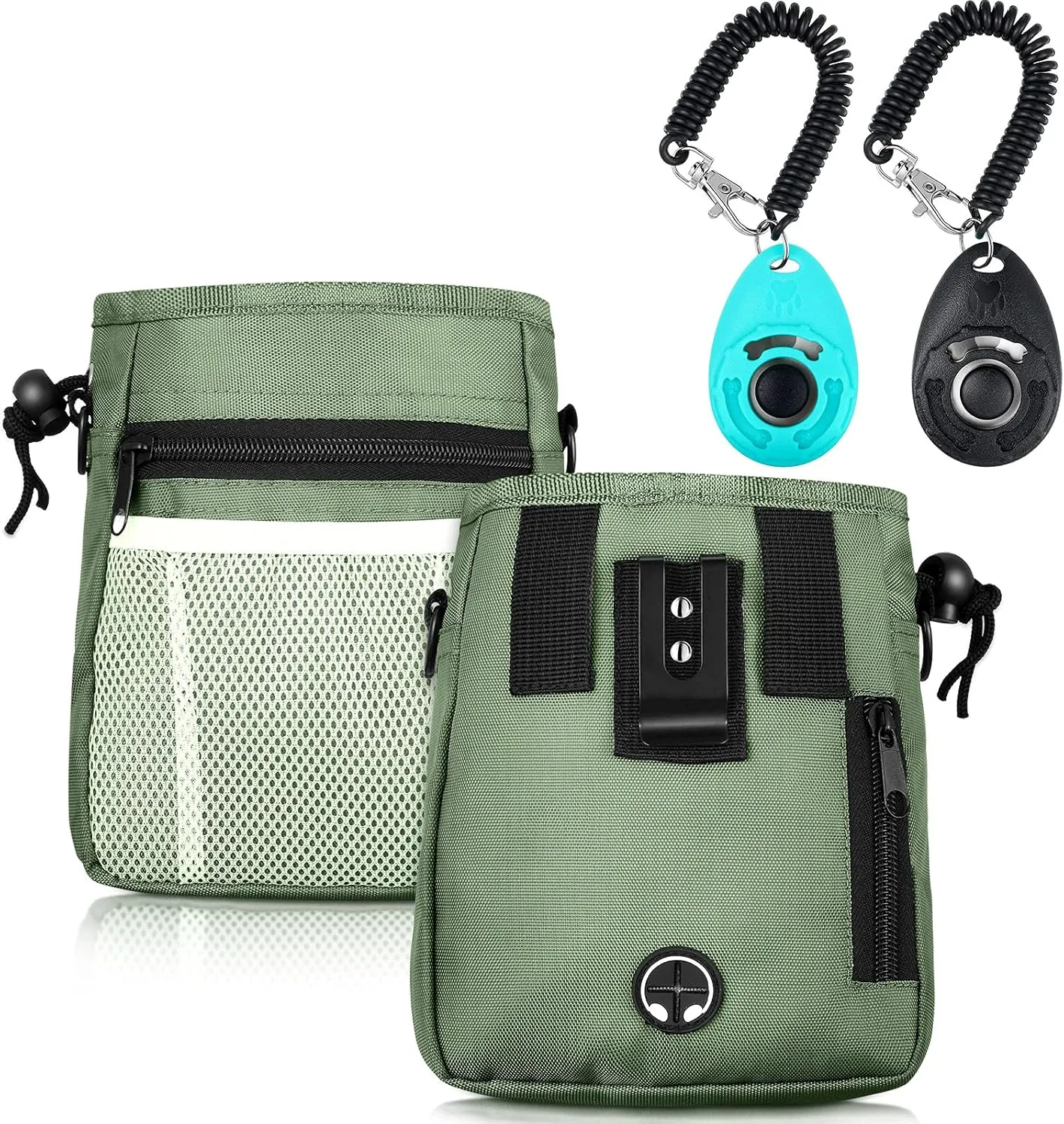 Dog Clicker Training Kit, 1 Dog Treat Training Pouch and 2 Pieces Pet Training Clicker with Wrist Strap, Built in Poop Bag Dispenser Easily Carrying Pet Toys Treats (Army Green,Solid Pattern)