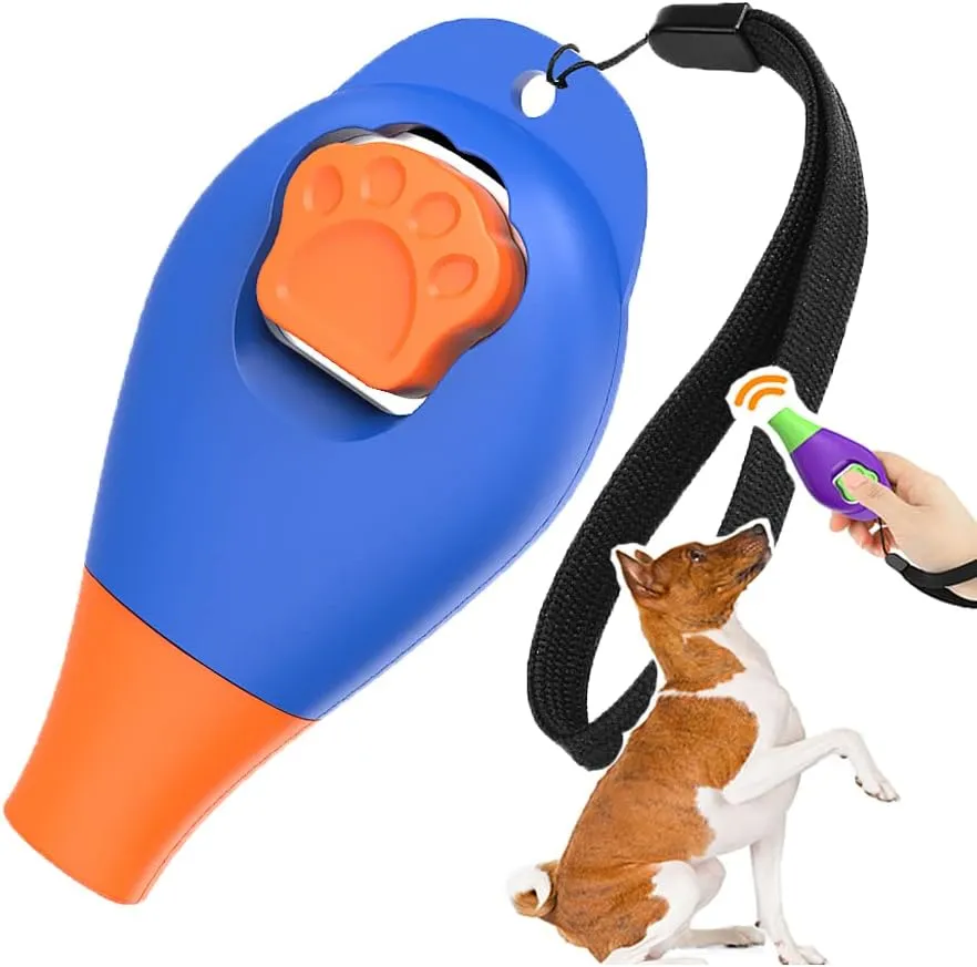 Dog Training Clicker with Whistle and Wrist Strap - Positive Behavior Reinforcer for Pets - All Ages, Puppy and Adult Dogs - Use to Reward and Train - Dog Whistle Included (Blue)