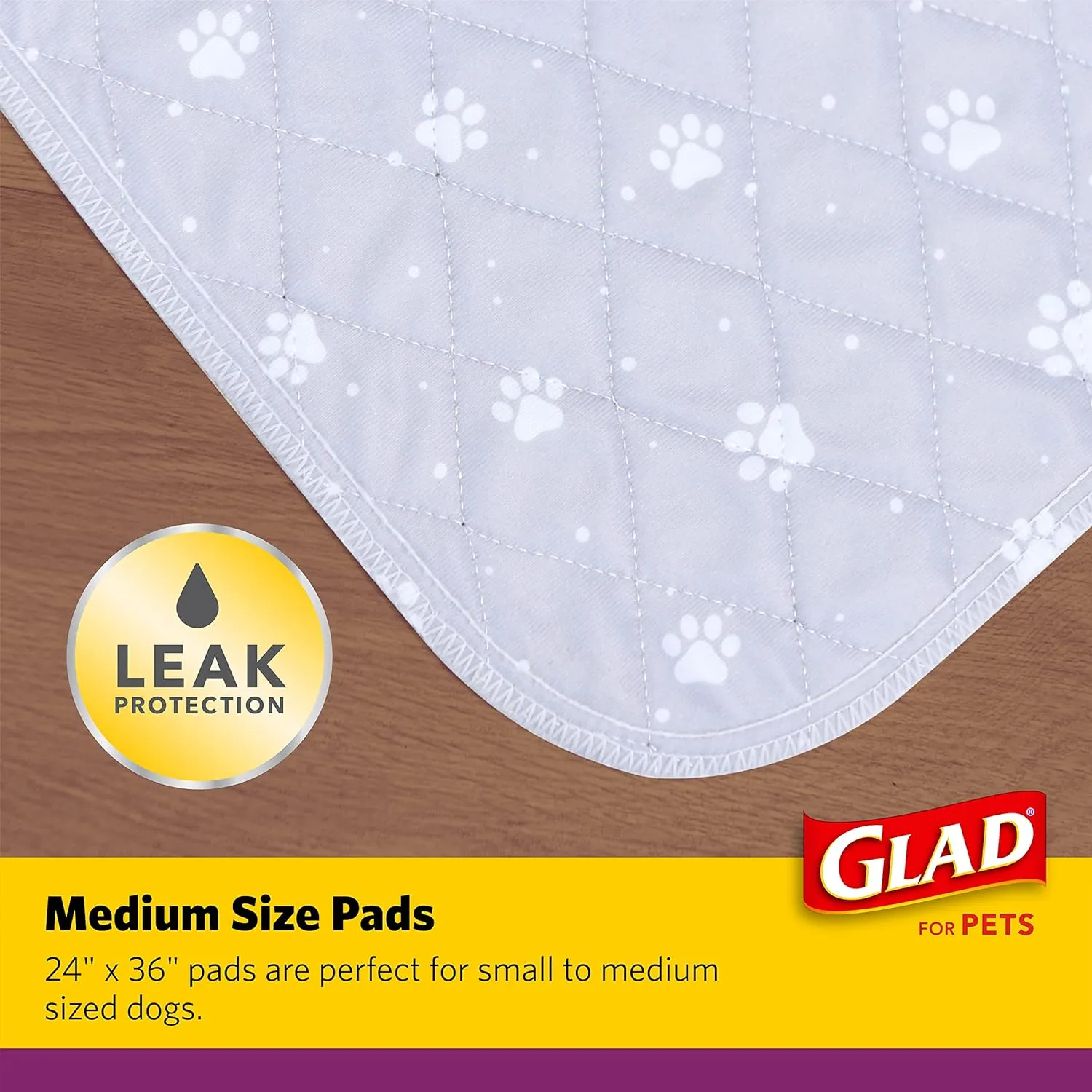 GLAD for Pets Washable Training Pads, Medium Size (24x36), 2 Pack Gray with Paw Prints| Re-usable Cloth Dog Training Pads with 3 Layers of Leak Protection and No Slip Grip Vinyl Bottom