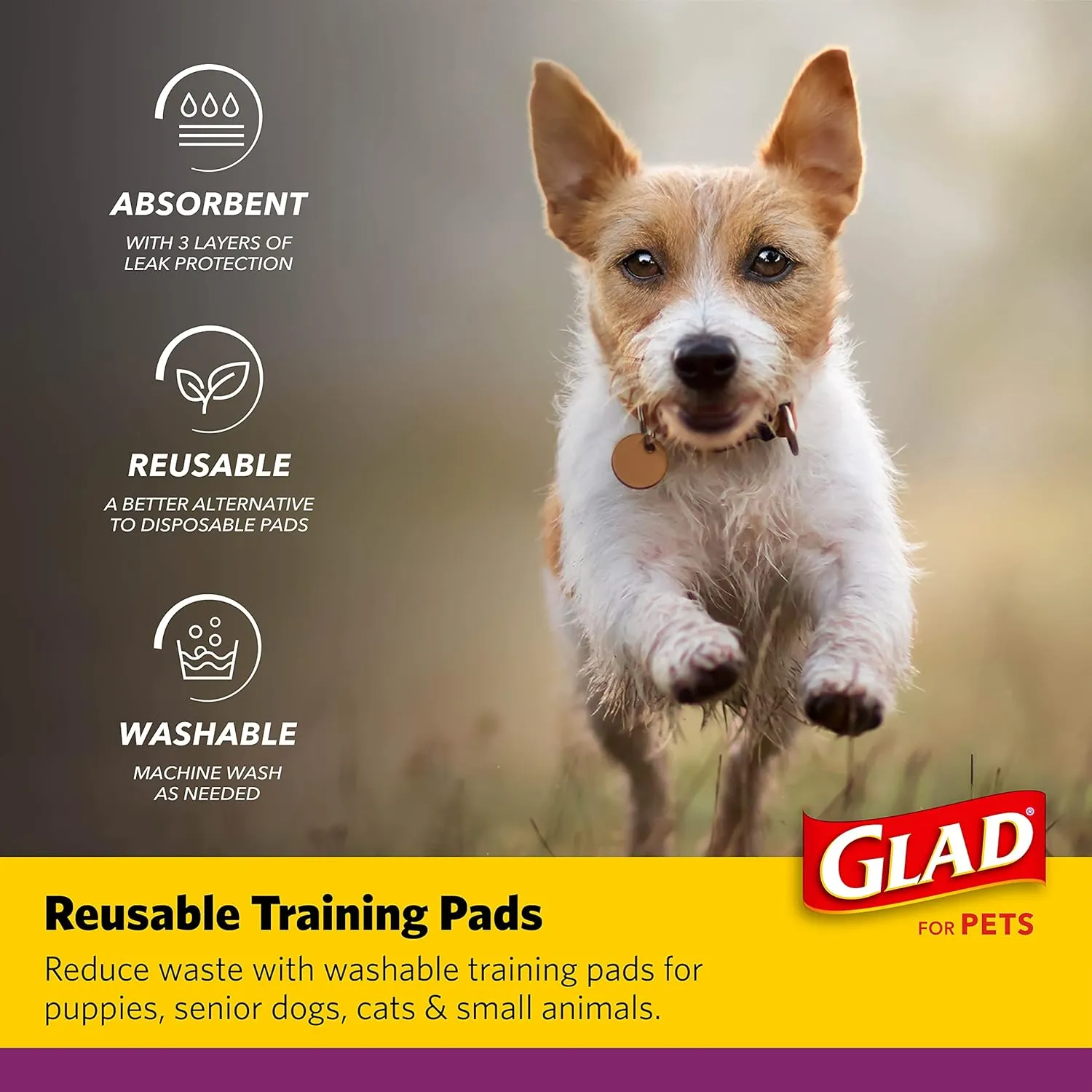 GLAD for Pets Washable Training Pads, Medium Size (24x36), 2 Pack Gray with Paw Prints| Re-usable Cloth Dog Training Pads with 3 Layers of Leak Protection and No Slip Grip Vinyl Bottom