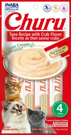 Inaba Churu Tuna and Crab Lickable and Squeezable Puree Cat Treat Pouches - 2 Oz (4 Pack) - Case of 6