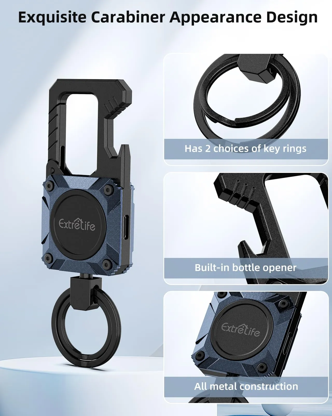 Keychain, Works with Apple Find My, Heavy Duty Keychain Bottle Opener, Carabiner Car Key Chains with GPS Tracker, Key Finder, Bluetooth Tracker for Luggage, Kids, Bags and More, Rechargeable, Blue