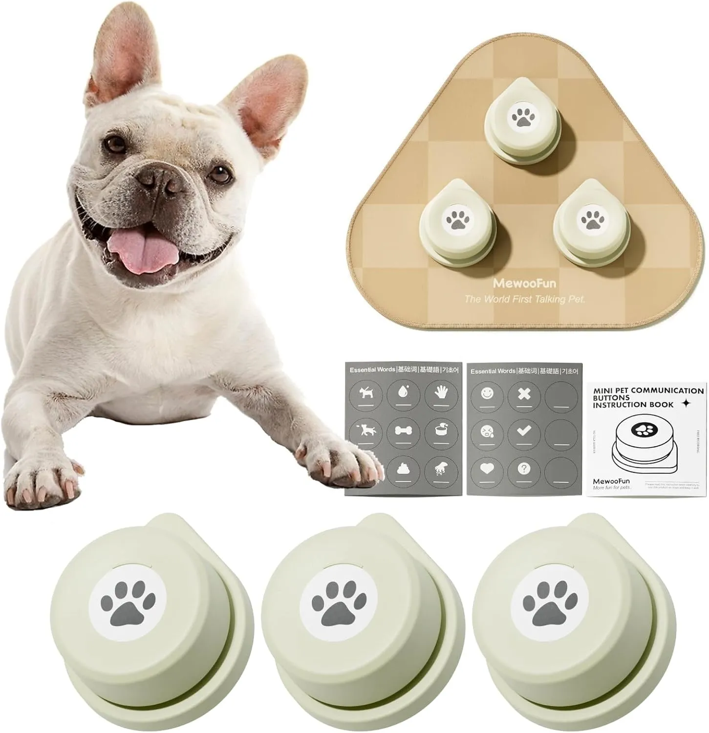 MEWOOFUN Dog Buttons Talk, Recordable Dog Clicker for Training, Dog Buttons for Communication Starter Set with Mat, Dog Training Clicker for Small Dogs & Cats (Grey, 3 Packs)