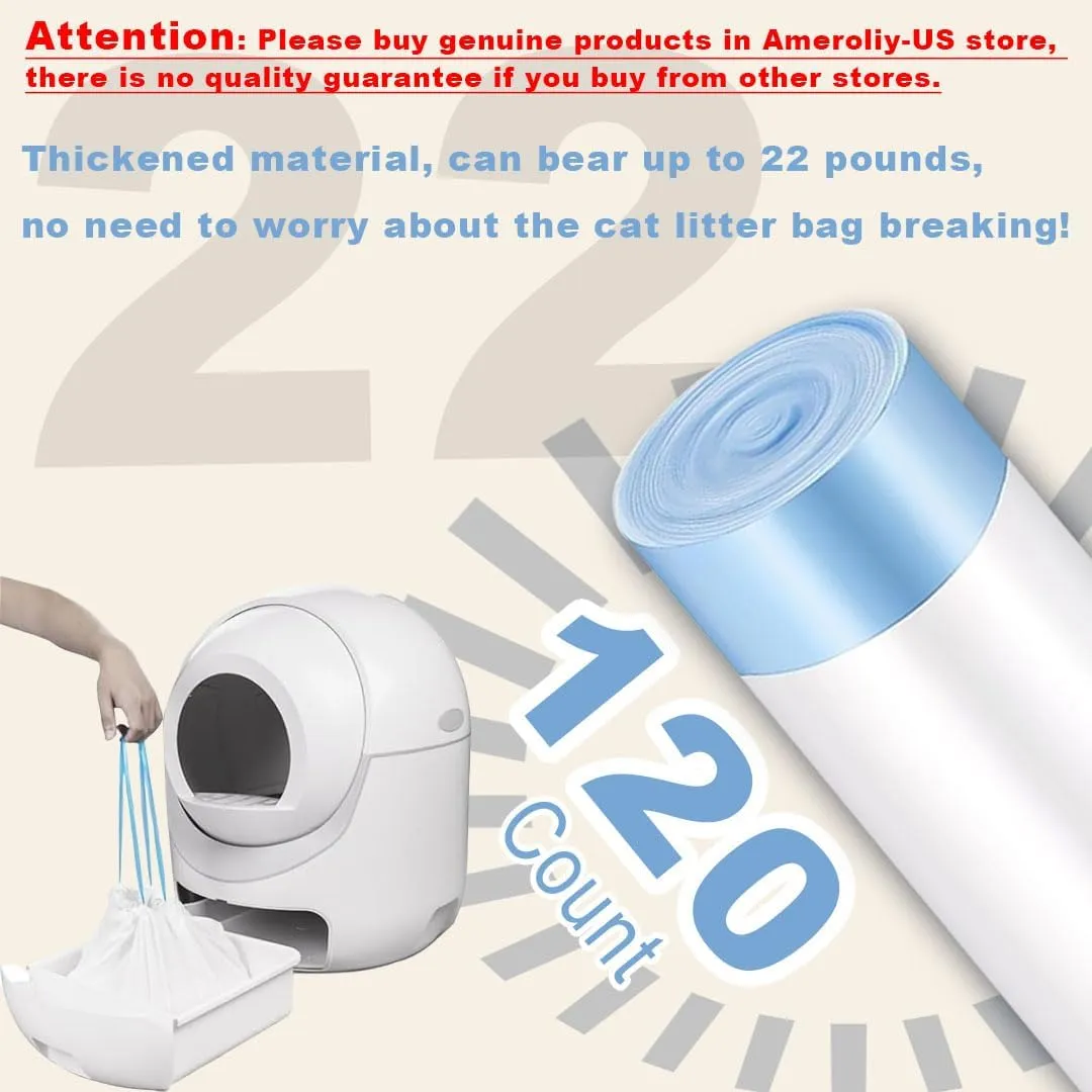 Official 120 Pack Cat Litter Bags with Drawstring, Self Cleaning Litter Robot Waste Bags Compatible with Litter Robot 3 & 4 (38.5x48.5cm), 10-12 Gallons (Sold by Ameroliy-US Store)