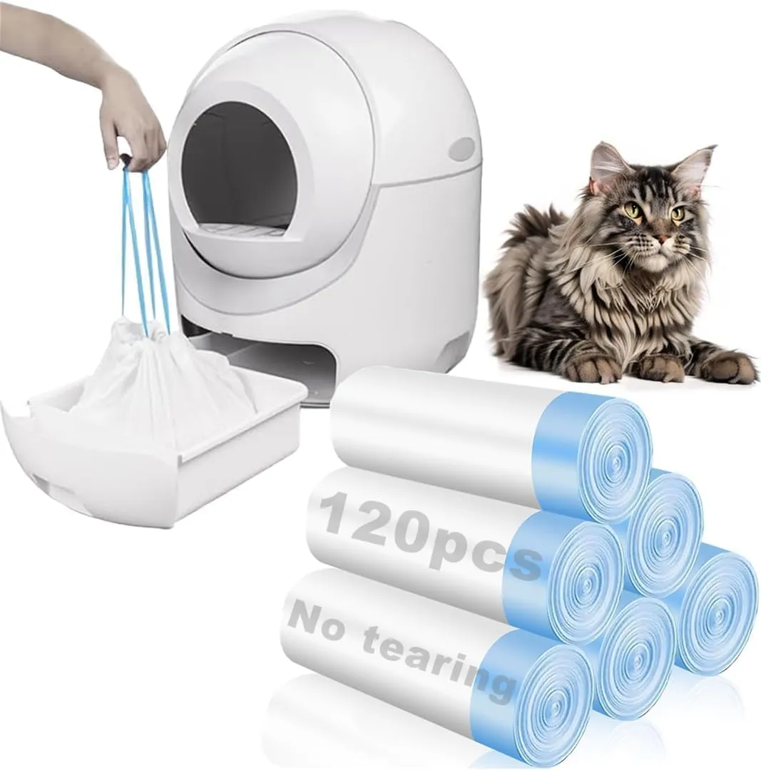 Official 120 Pack Cat Litter Bags with Drawstring, Self Cleaning Litter Robot Waste Bags Compatible with Litter Robot 3 & 4 (38.5x48.5cm), 10-12 Gallons (Sold by Ameroliy-US Store)