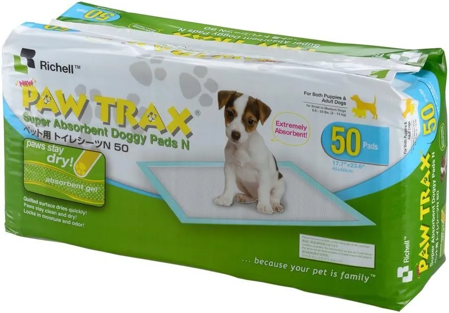 Paw Trax Super Absorbent Training Pads, 50 Pack | Richell Paw Trax Doggy Potty Pads: Puppy potty pads for training, absorbent, odor control four-layer quilted pad rectangle potty pads 17.7 x 23.6