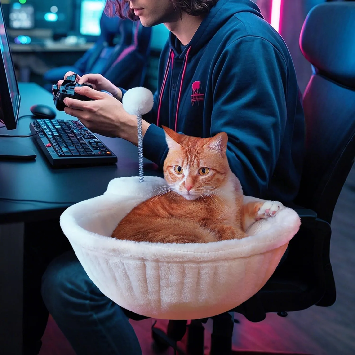 PAWZ Road Cat Bed for Desk with Interactive Plush Ball, 12 Inches in Diameter,Space-Saving Cat Desk Bed, White Cats Hammock for Table Supports Up to 40lbs, Medium