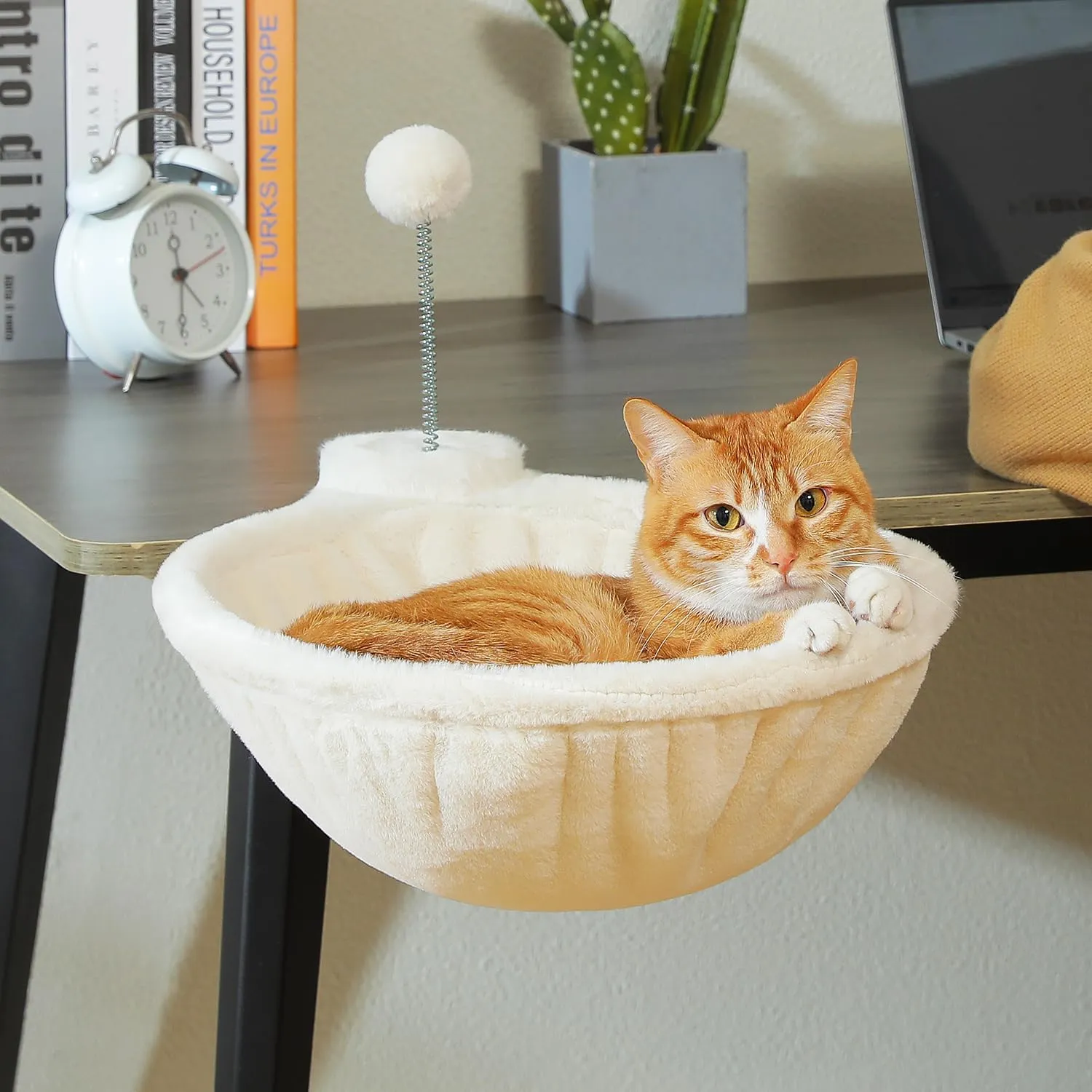 PAWZ Road Cat Bed for Desk with Interactive Plush Ball, 14 Inches in Diameter,Space-Saving Cat Desk Bed, White Cats Hammock for Table Supports Up to 50lbs, Large