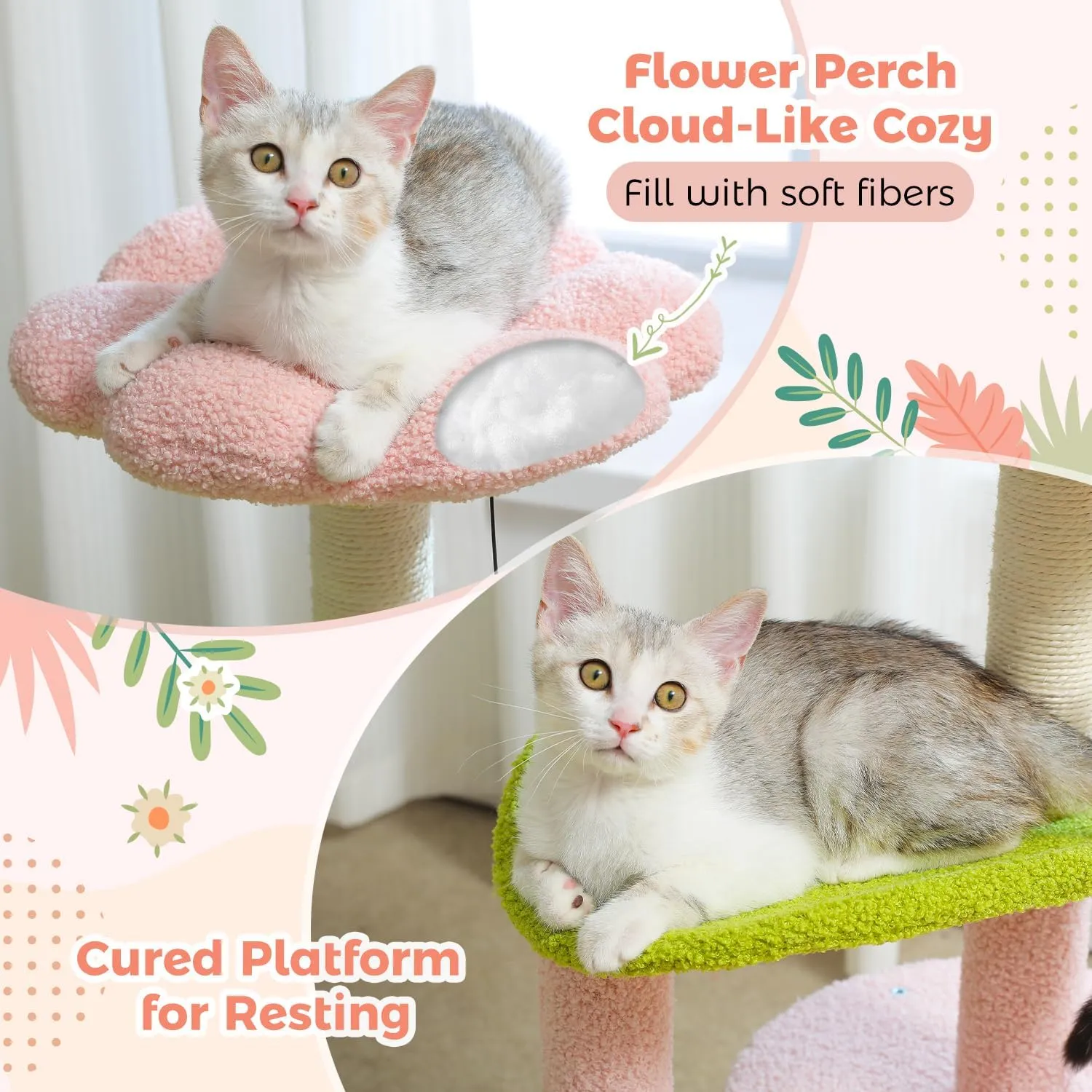 PAWZ Road Flower Cat Tree Pink 32 Small Cat Tower Cat Scratching Post with Curved Perch, Cozy Cats Condo Removable Flower Bed for Kittens and Small Cats-Pink