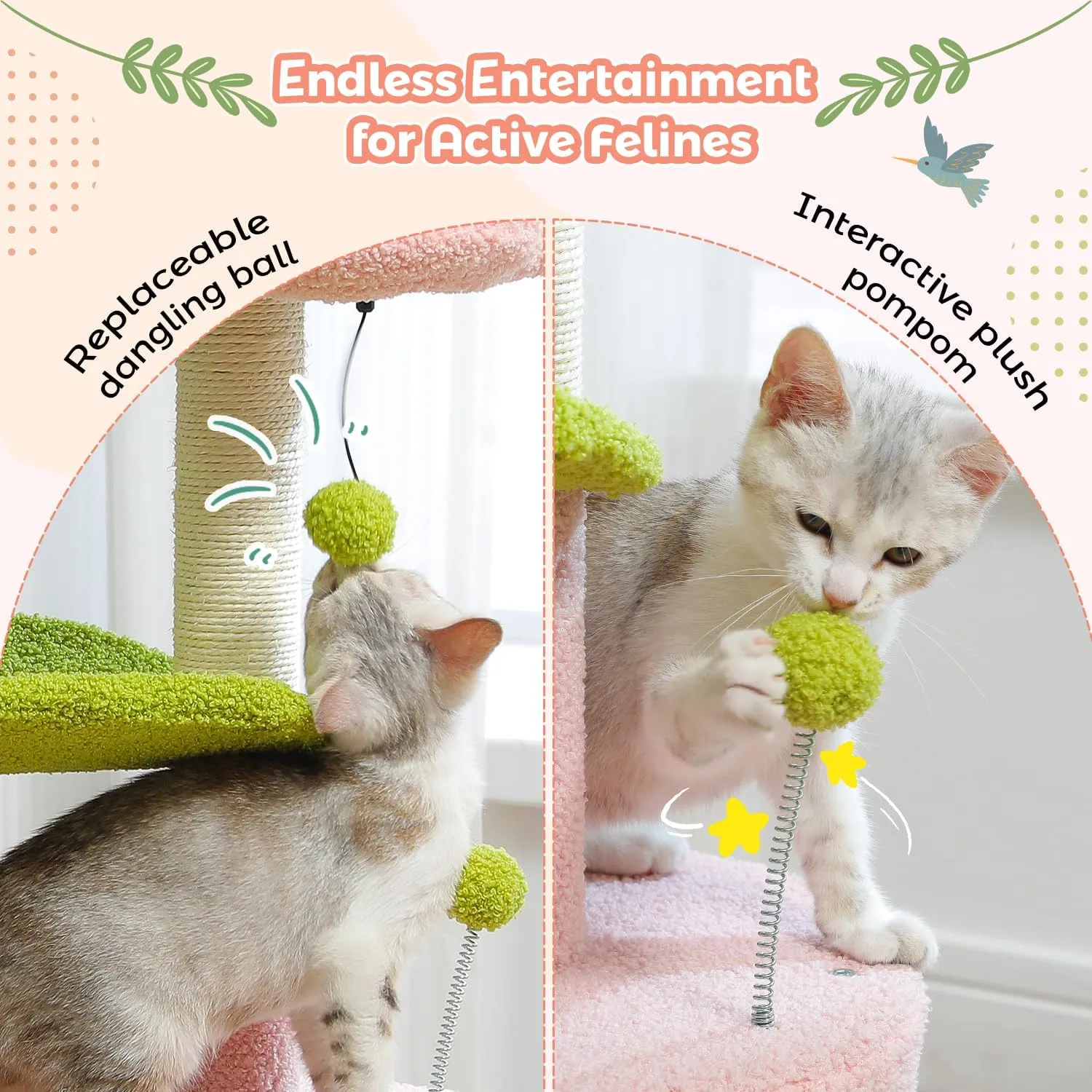 PAWZ Road Flower Cat Tree Pink 32 Small Cat Tower Cat Scratching Post with Curved Perch, Cozy Cats Condo Removable Flower Bed for Kittens and Small Cats-Pink
