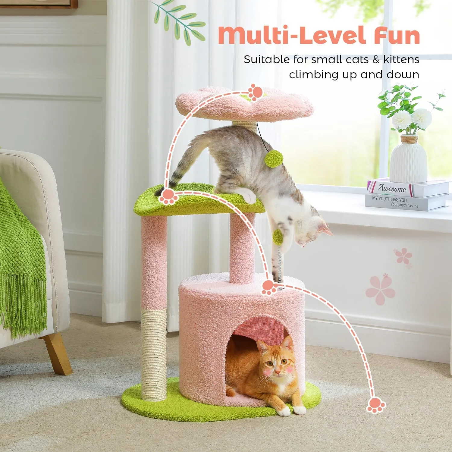PAWZ Road Flower Cat Tree Pink 32 Small Cat Tower Cat Scratching Post with Curved Perch, Cozy Cats Condo Removable Flower Bed for Kittens and Small Cats-Pink