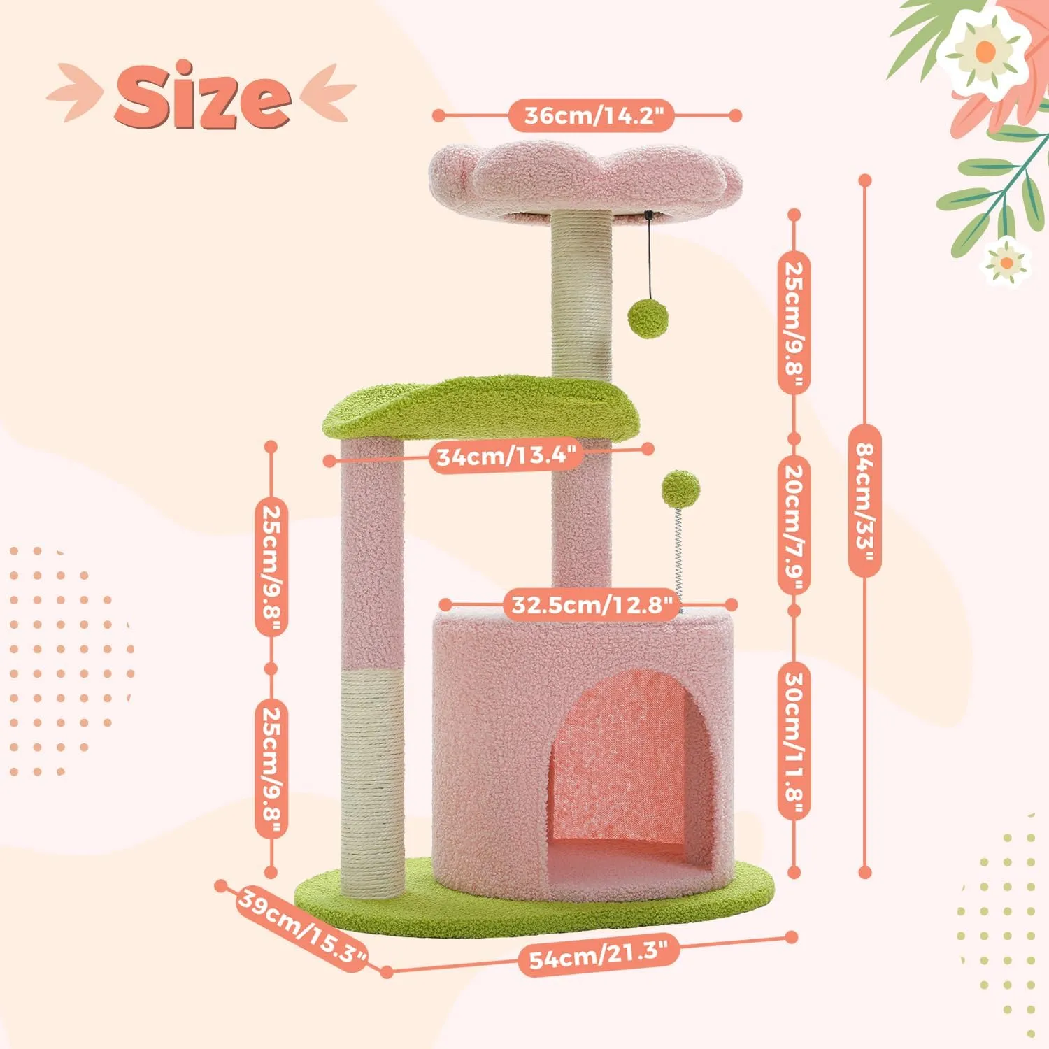 PAWZ Road Flower Cat Tree Pink 32 Small Cat Tower Cat Scratching Post with Curved Perch, Cozy Cats Condo Removable Flower Bed for Kittens and Small Cats-Pink