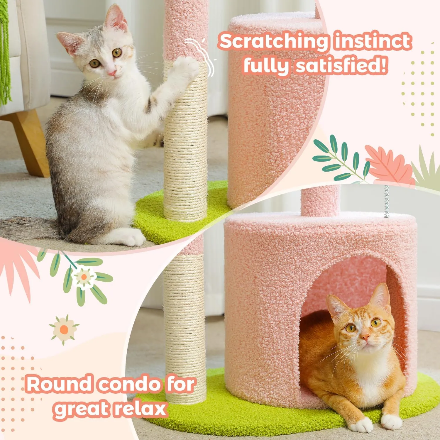 PAWZ Road Flower Cat Tree Pink 32 Small Cat Tower Cat Scratching Post with Curved Perch, Cozy Cats Condo Removable Flower Bed for Kittens and Small Cats-Pink