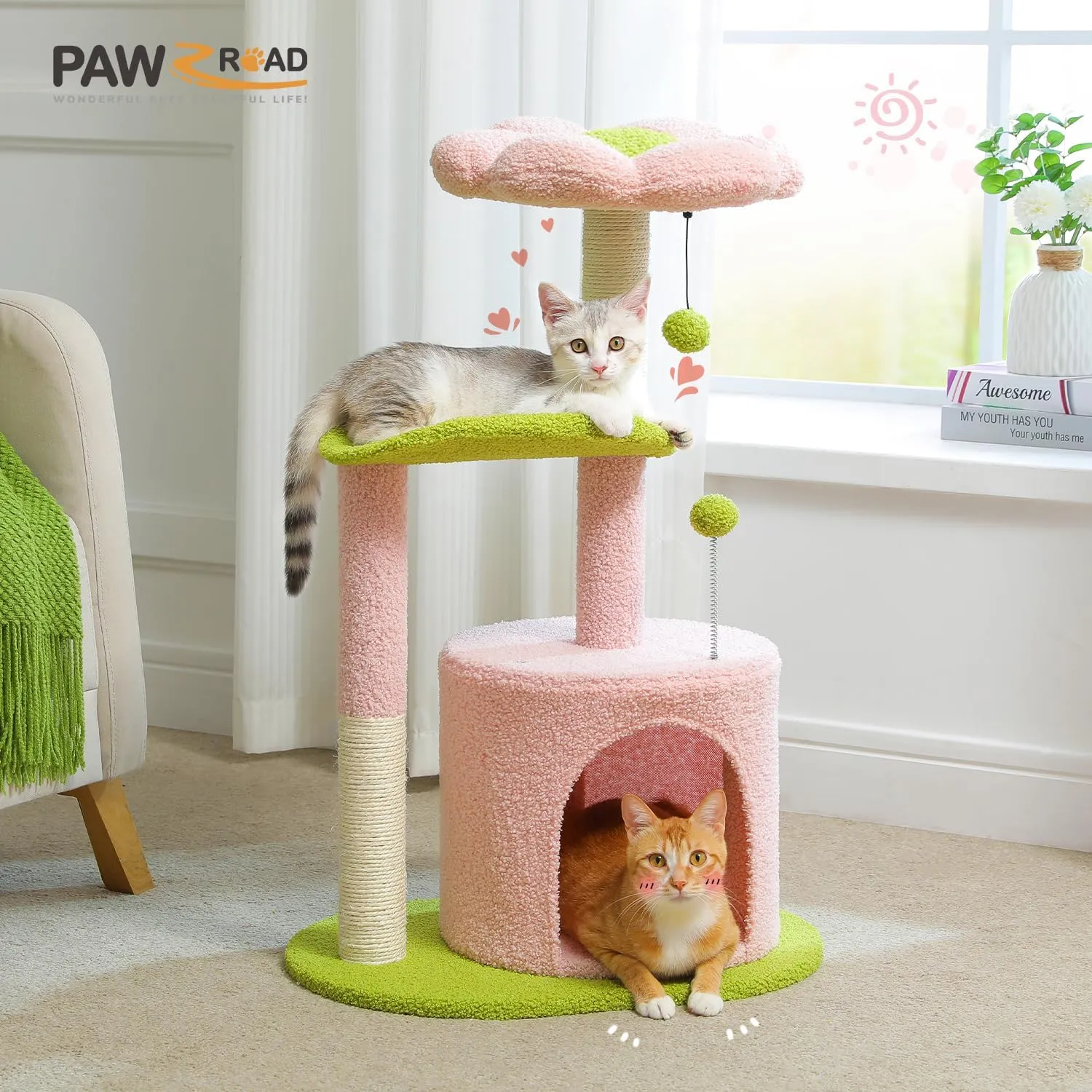 PAWZ Road Flower Cat Tree Pink 32 Small Cat Tower Cat Scratching Post with Curved Perch, Cozy Cats Condo Removable Flower Bed for Kittens and Small Cats-Pink
