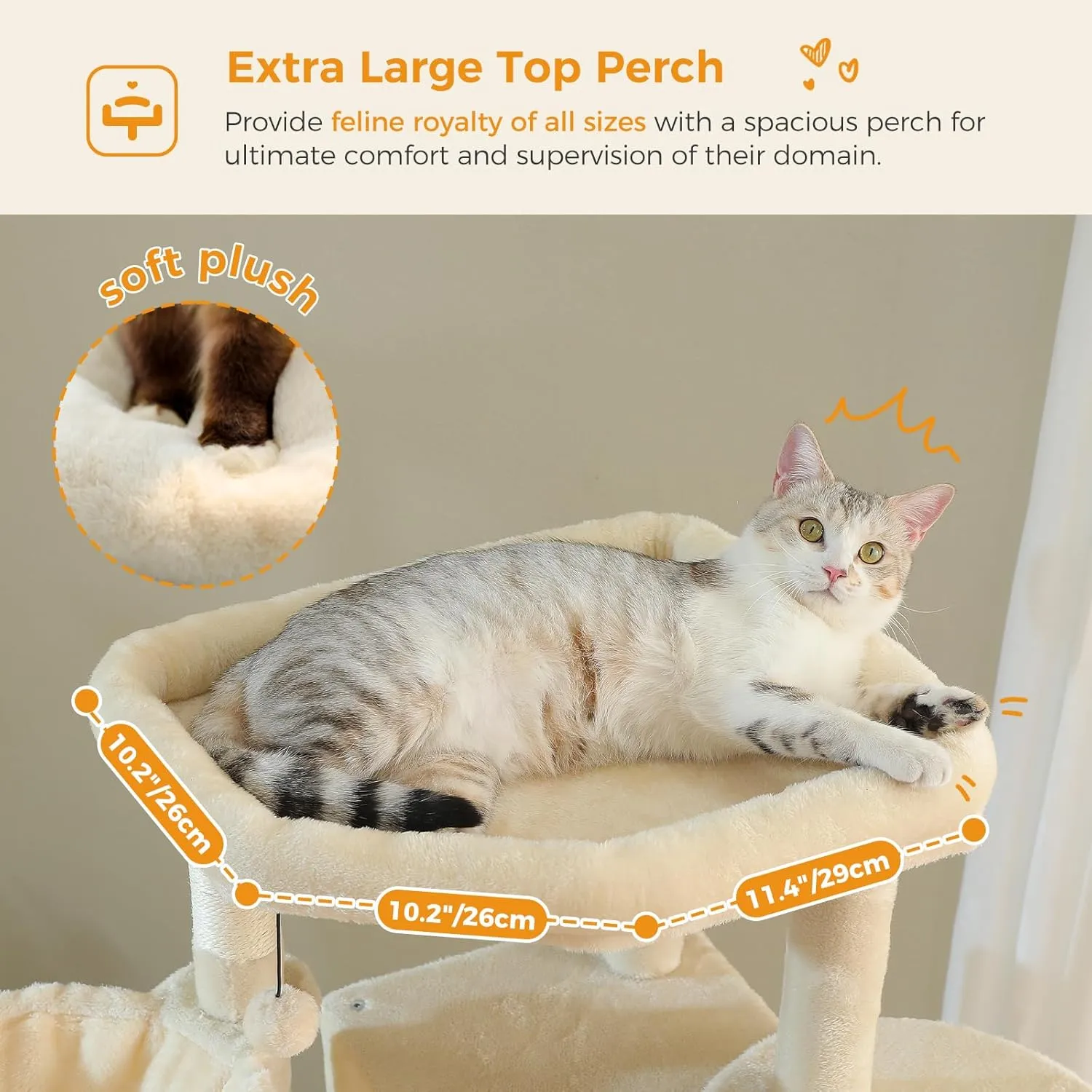 PAWZ Road Tall Cat Tower, 70 Inch Cat Tree with Hammock, 5 Scratching Posts, 2 Condos and a Large Top Perches for Large Cats-Beige