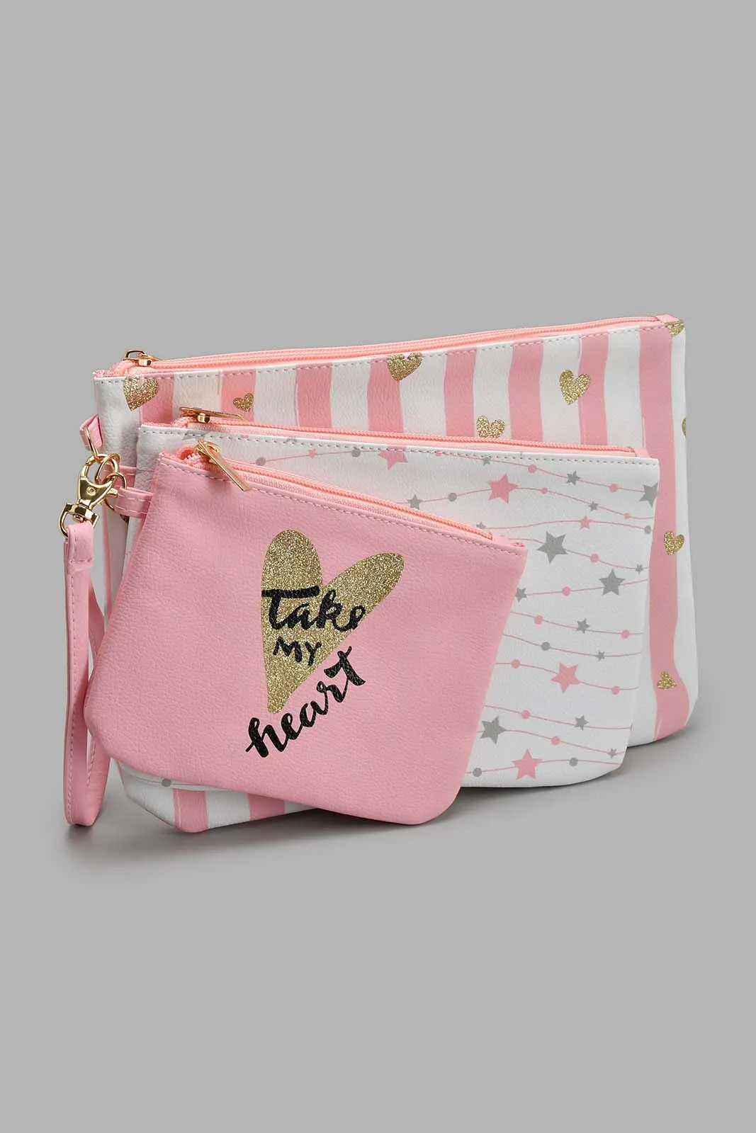 Pink And White Embellished Cosmetic Pouches (3 Piece)