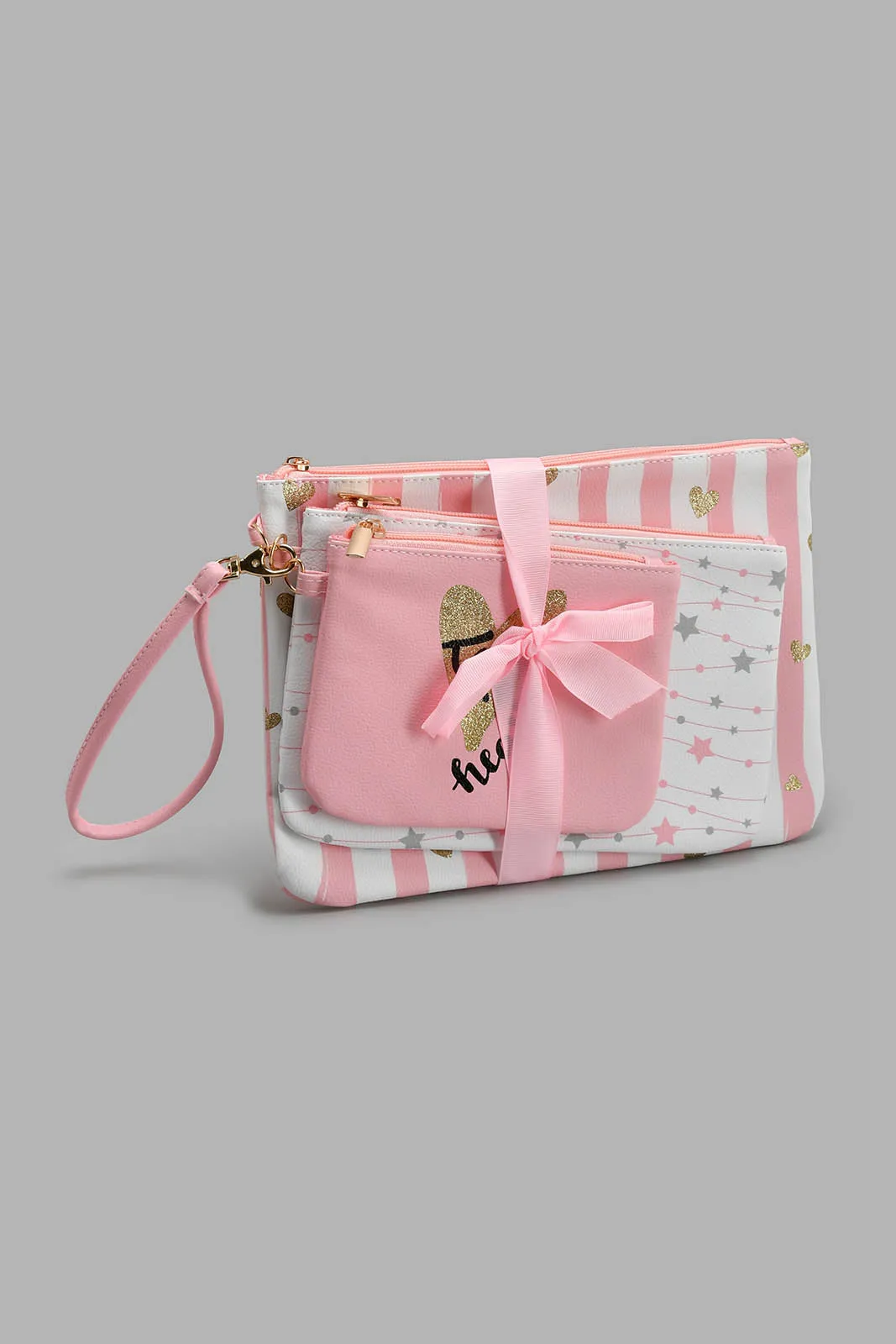 Pink And White Embellished Cosmetic Pouches (3 Piece)