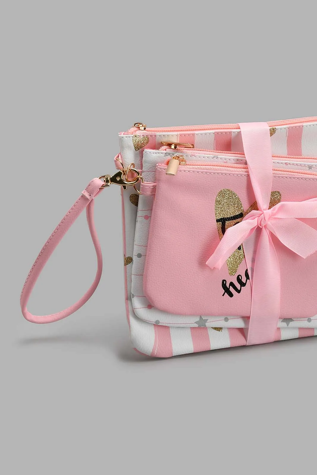 Pink And White Embellished Cosmetic Pouches (3 Piece)