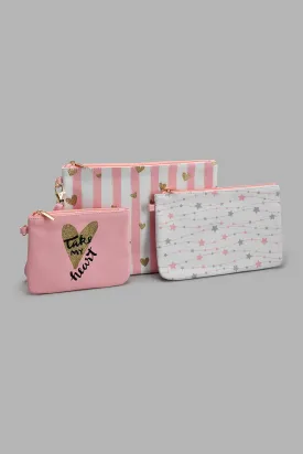 Pink And White Embellished Cosmetic Pouches (3 Piece)
