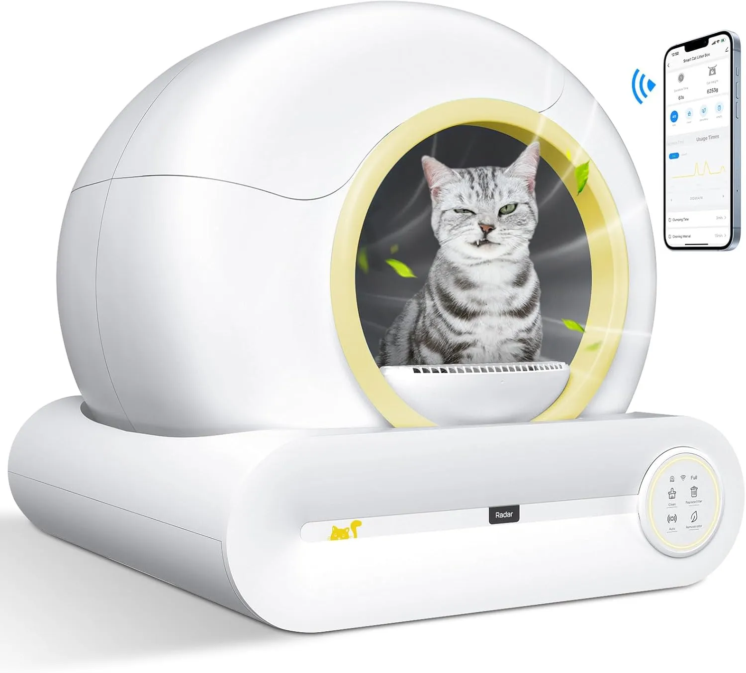 Self Cleaning Cat Litter Box, Smart Kitty Automatic Cleaning with APP, 68L 9L Low Entry Electric Litter Robot for Multiple Cats, Auto Litter Robot with Mats Liners, Yellow