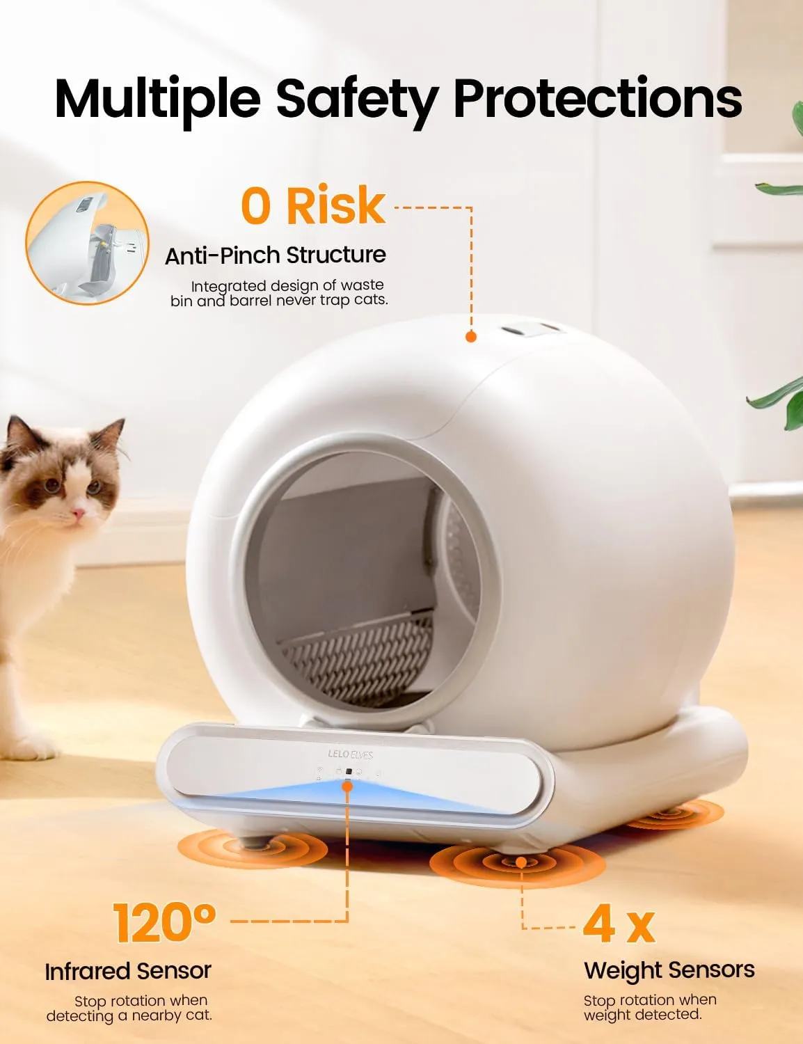 Self Cleaning Cat Litter Box, Ultra-Safe Protection Automatic Cat Litter Box, APP Control/Lower Entry/Large Capacity with 3 Rolls Liners & Mat