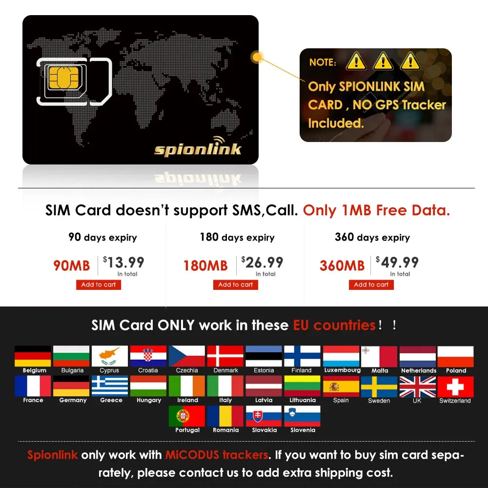 Spionlink SIM Card For All GPS Trackers of Our Micodus