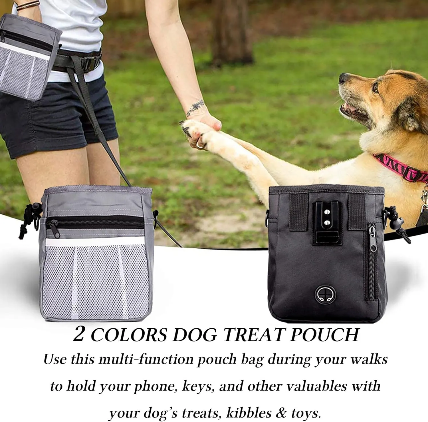 STMK Dog Treat Pouch Dog Clicker Training Kit, Dog Training Treat Pouch Dog Clicker for Training, 3 Ways to Wear Easily Carries Treat Pouches for Pet Training (Black and Grey)